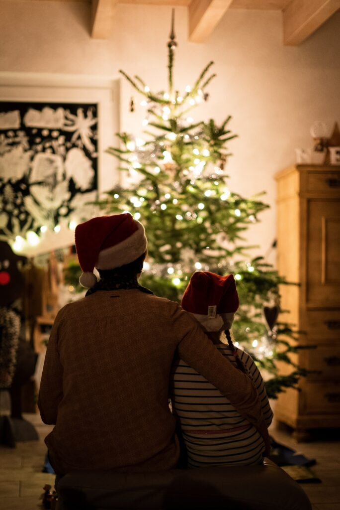 A parent and child sit with their backs to the camera. They are facing a christmas tree, wearing Santa hats, and the parent's arm is warmly wrapped around their child. 