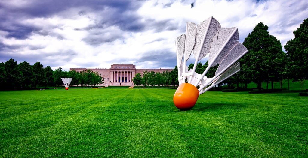 The Donald J. Hall Sculpture Park at the Nelson-Atkins Museum of Art in Kansas City, featuring the famous giant shuttlecocks, or birdies. The sculpture park is pet-friendly!