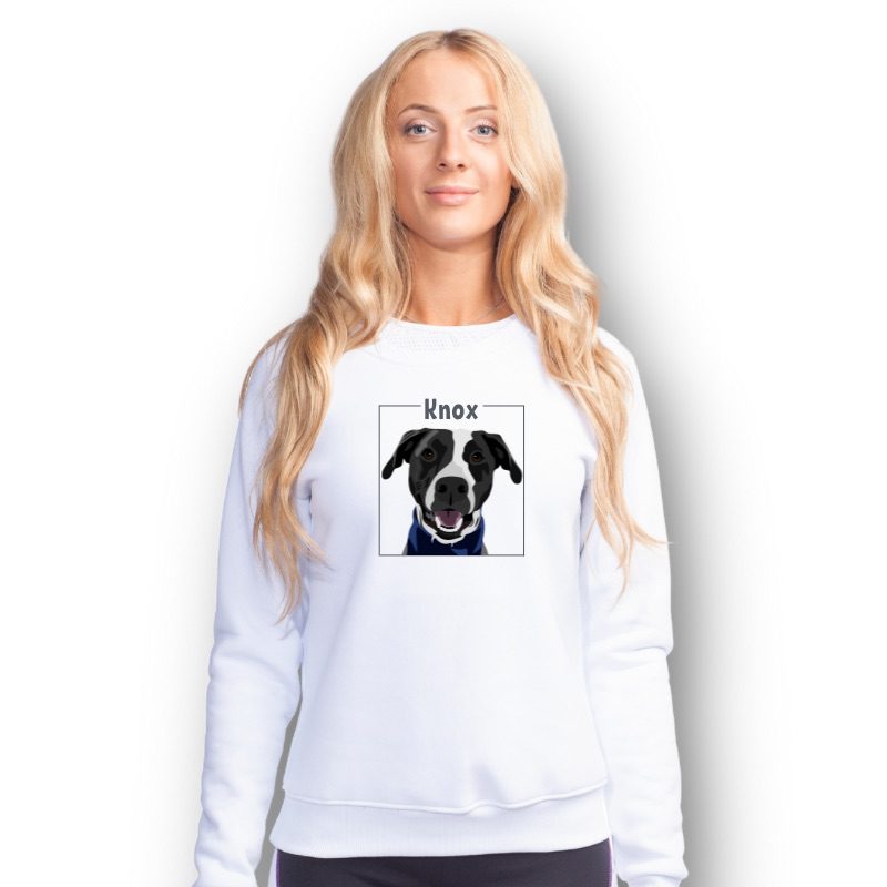 woman in white custom pet portrait crewneck sweatshirt