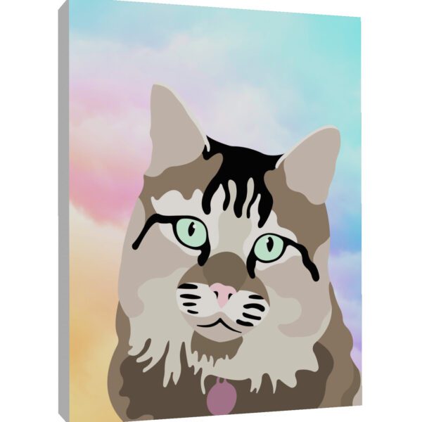 custom pet portrait of cat on canvas with rainbow colored clouds