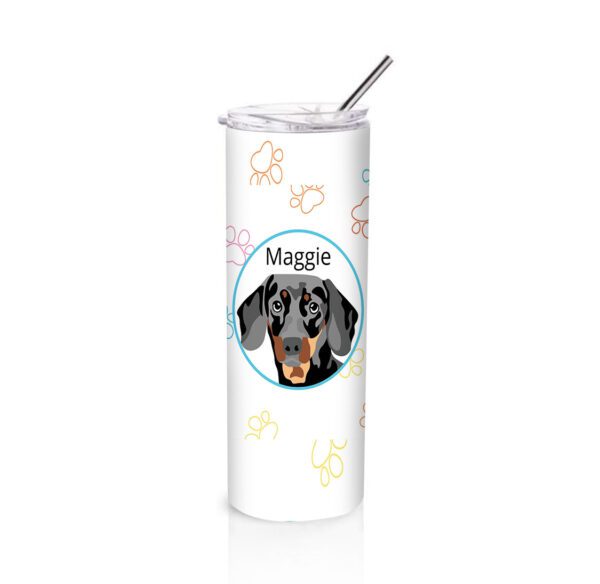 white tumbler 20oz with colorful paw prints and pet's photo with name in circle
